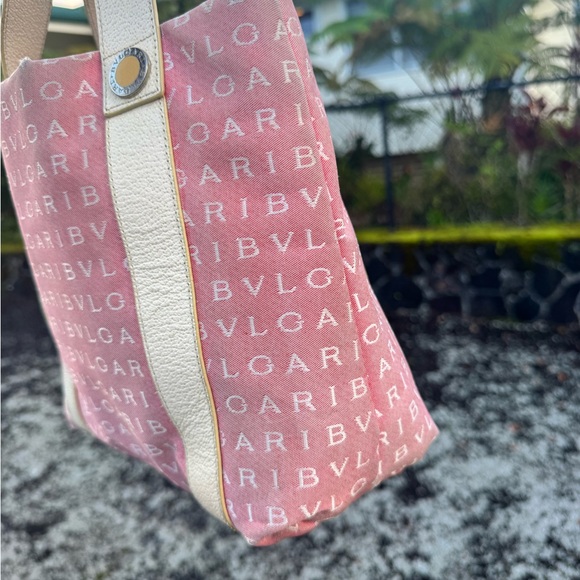 Bvlgari Pink Canvas Logo Mini Tote Bag Leather Trim Made in Italy - Picture 11 of 14